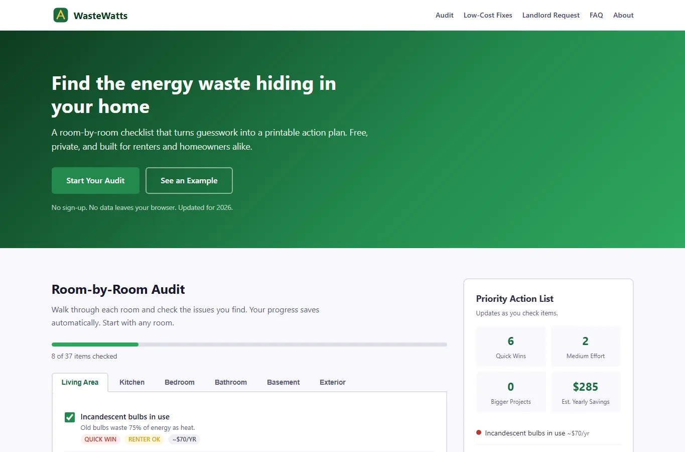 Screenshot of WasteWatts: Home Energy Waste Audit interface showing the project page in use